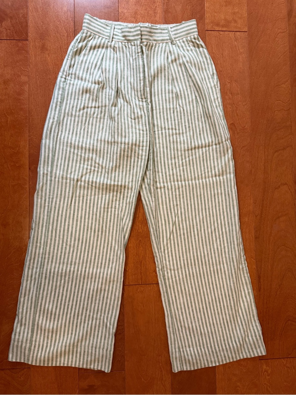 Abercrombie & Fitch Green and White Striped Linen Pants